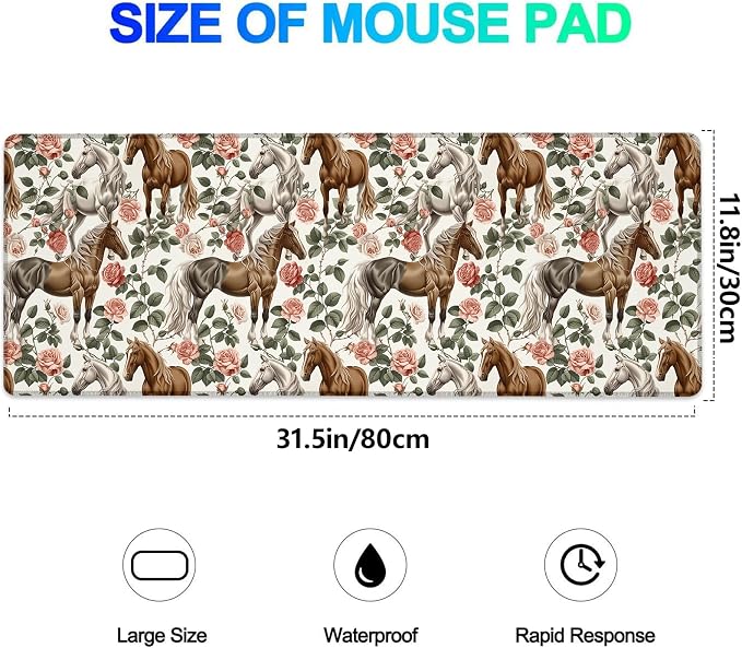 Elegant Horse Gaming Mouse Pad, Extended Graceful Horses and Rose Desk Mat Computer Laptop Mousepad, Robust Stitched Edges, 31.5"×11.8" Large Office Keyboard Mouse Pads for Home Desktop Decor