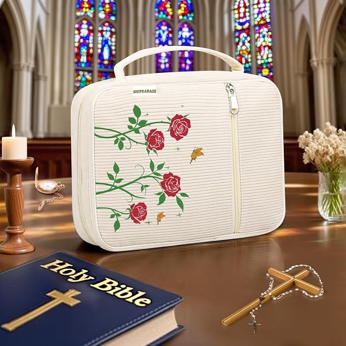 shirabags Bible Cover Case for Women, Corduroy Bible Bag Tote with Handles, Soft Floral Book Cover Large Size, Study Carrier Bag Case Christian Gifts for Women (red Rose, M)
