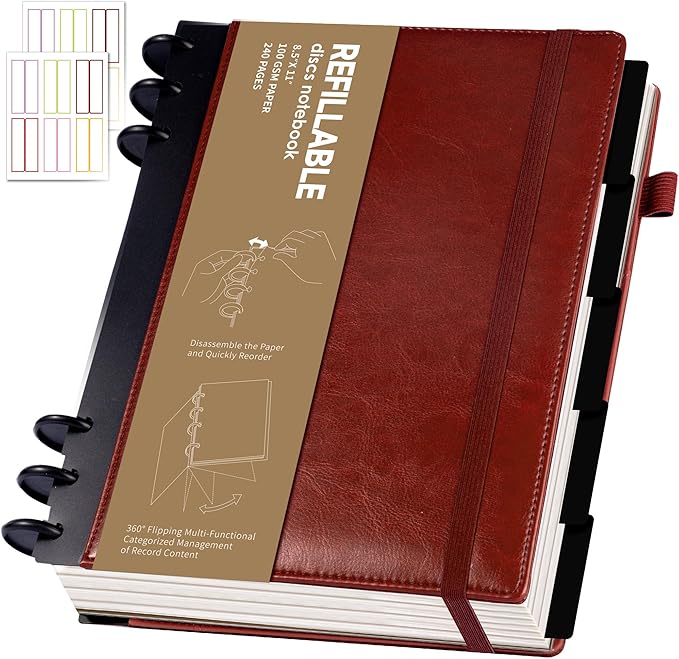 Refillable Notebooks for Work Discbound: Hardcover Notebook with 5 Subject Removable Dividers Tabs Colleged Ruled Large Journal for Writing Women Men 240 Pages,Dark Red