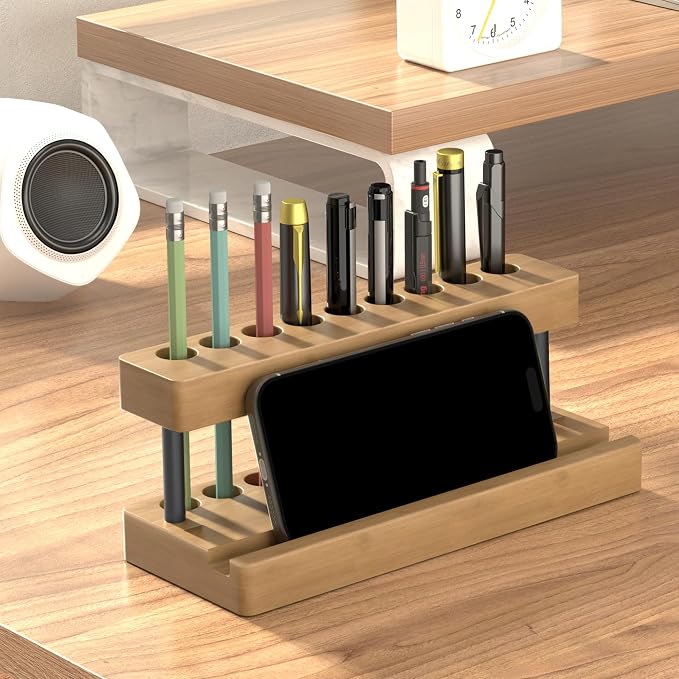 Wooden Holder for Office Desk, Solid Wood Pen Display Stand With 9 Slots and Cell Phone Holder, Aesthetic Pen Organizer for Minimalist Office Desk Decor (Wood+Black)