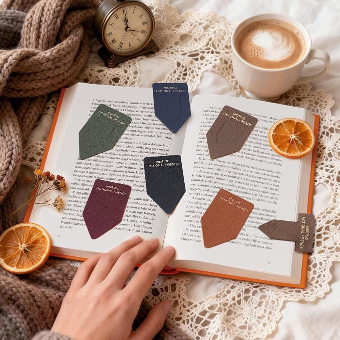 Leather Bookmark for Reading Women, Visiting Fictional Friends Bookmarks, Index Book Marks for Book Lovers, 6 Pcs Drak Color Set