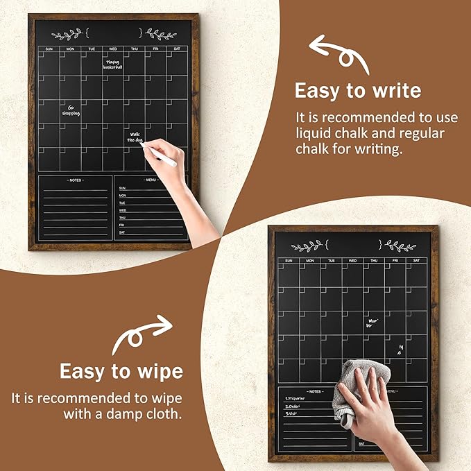 Chalkboard Calendar for Wall,20" x 28" Rustic Framed Magnetic Chalkboard for Home Kitchen Office School