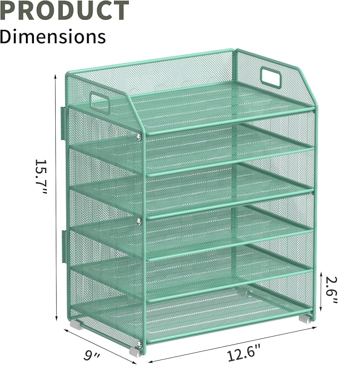6 Trays Paper Organizer Letter Tray with Pull-Out Drawer, Assembled Mesh Desk File Holder, Metal Paper Sorter for Office Documents, Green