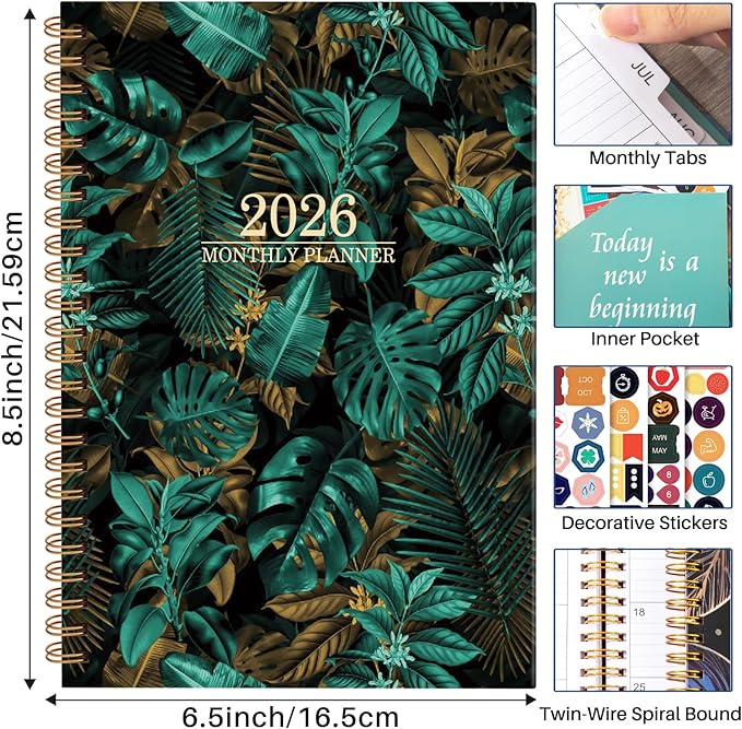 Planner 2026 - Weekly and Monthly Calendar Academic Planner, 2026 Yearly Daily Calendar Planning Agenda Book with Month Tabs, Jan to Dec 2026, With Stickers for Home Office School, 6.5" x 8.5" (Green leaves)