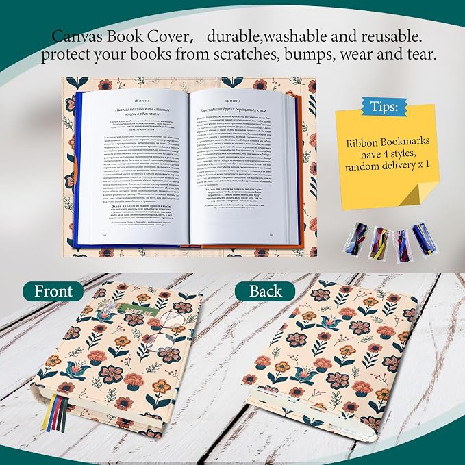 Floral Book Cover for Paperbacks,Adjustable Waterproof Soft Canvas Fabric Book Cover with Pocket Bookmark,Double Side Print Book Protector Covers for Hardcover Book Lover Gift Women
