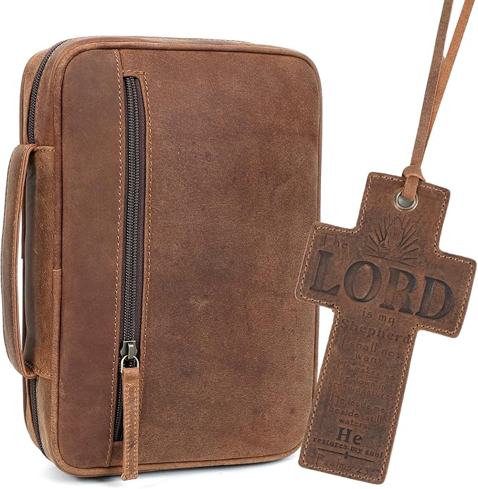 ELIZO Leather Bible Cover for Men Bible Case for Women Zippered Holder Protector Cross Church Tote Bag Carrying Organizer Sleeve Gift Study Saddle