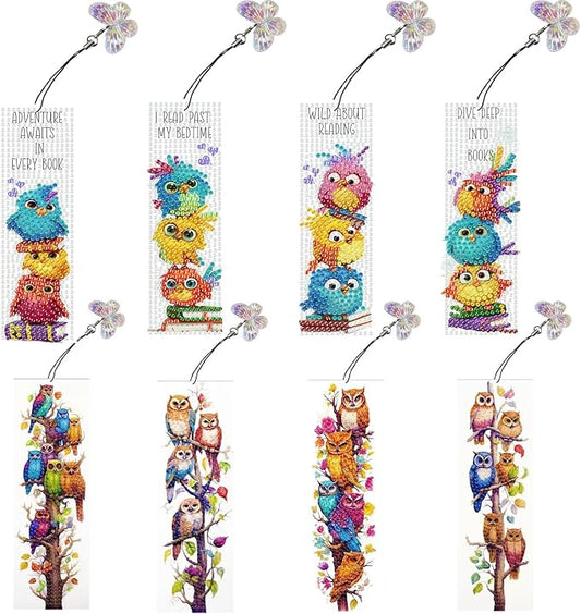 8PCS Owl Diamond Painting Bookmark DIY Diamond Art Kits for Adults, Acryliy Bird Diamond Art Bookmarks with Pendant for Book Lovers