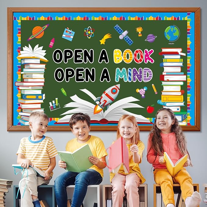 Reading Bulletin Board Set Open A Book Open A Mind Classroom Bulletin Board Decorations Books Paper Cutouts for Back to School Reading Day Classroom Library Office Home Wall Door Supplies