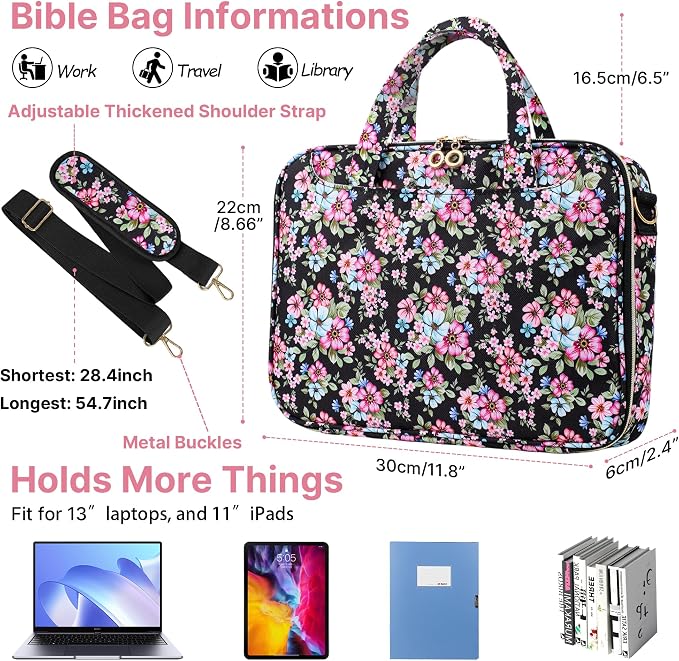 PUGPIU Bible Cover Case for Women, Large Quilted Bible Bag with Shoulder Strap and Handle, Bible Study Supplies Journaling Kit with Highlighters Pens No Bleed Tabs Notebook Cross Clips (Floral)