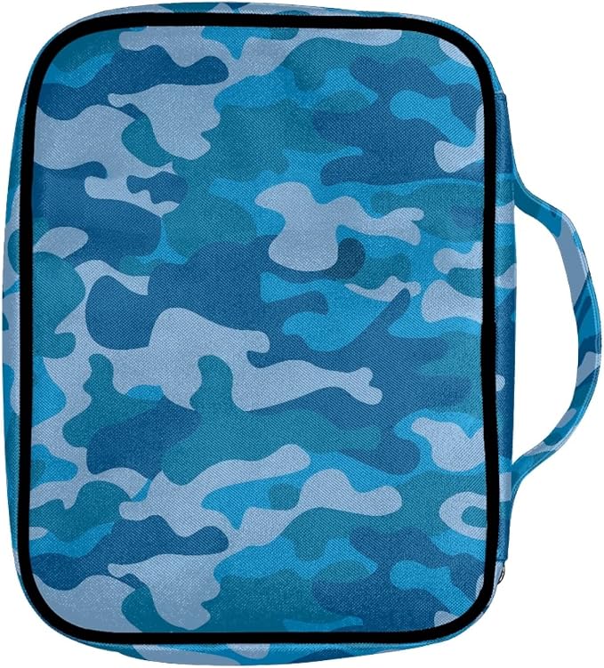 Coldinair Blue Camo Print Bible Cover for Men,Carrying Book Case Church Bag Bible Holder Protector with Handle and Zipper Pocket