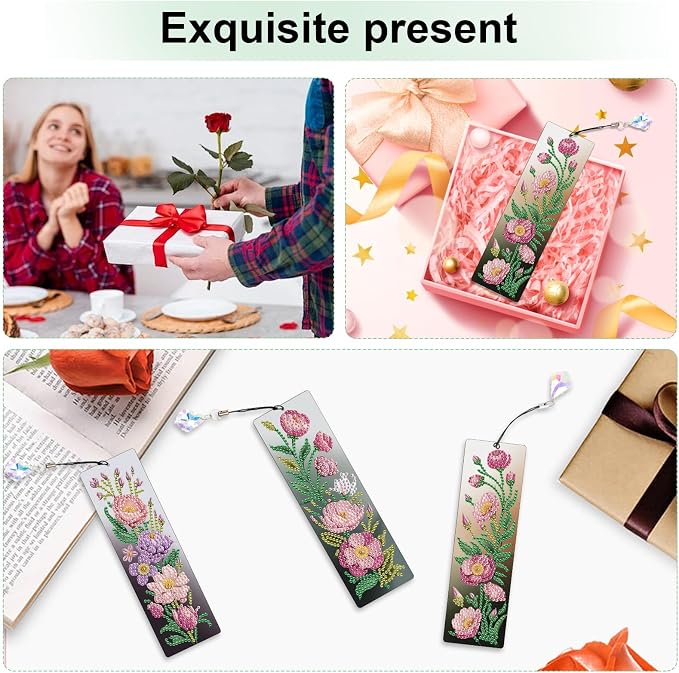 Tontut 3pcs Diamond Art Painting Kit Bookmarks, Pink Flower Exquisite Universal DIY Bookmarks, Lightweight and Durable, Suitable for Reading Lovers