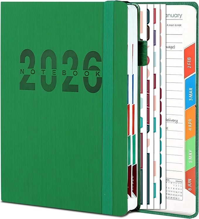 2026 Weekly Monthly Planner A5,Jan-Dec 2026 Hardcover Lay Flat Calendar Notebook, Teacher Office School Academic Organizer Planner 5.7×8.3 Inch,Dark Green