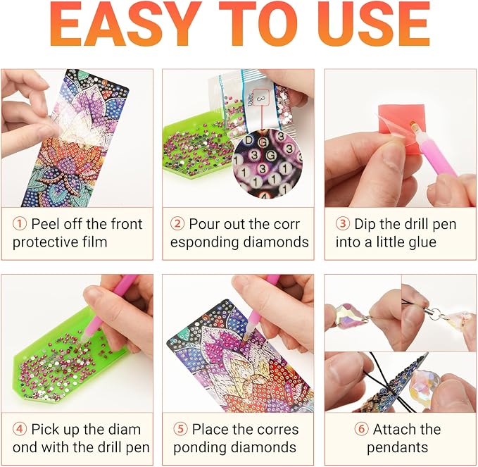 Diamond Art Bookmarks for Adults - 8 Pcs Mandala 5D Diamond Painting Bookmark Kits with Pendants and Making Accessories DIY Arts Craft Bookmarks for Book Lovers Beginner