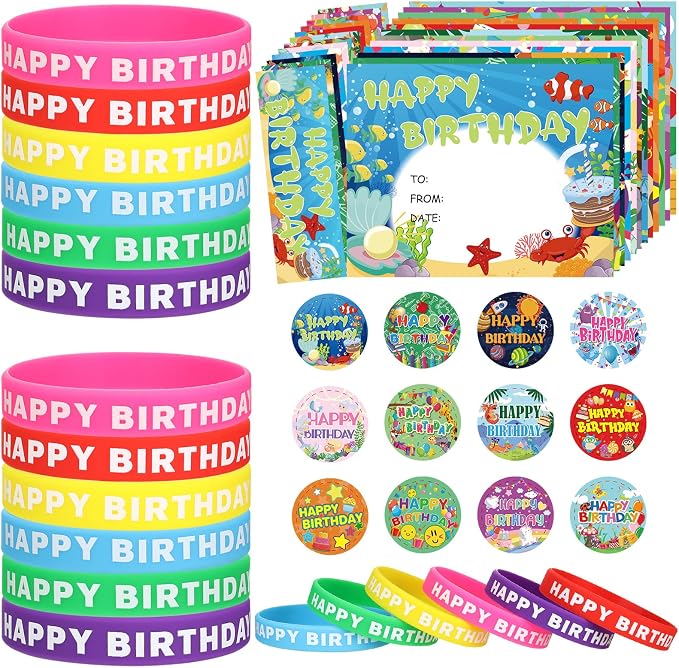 Honoson 108 Pcs Happy Birthday Certificates for Student Awards Happy Birthday Bookmark Rubber Wristband Stickers Back to School Classroom Supplies(Cute)