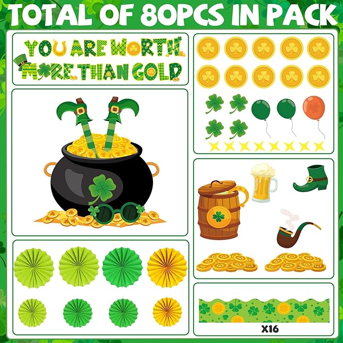 St. Patrick's Day Bulletin Board Classroom Decorations with 3D Paper Fans You are Worth More Than Gold for Lucky Shamrock Clover Gold Coin Cutouts Bulletin Board for Irish Holiday School Wall Decor
