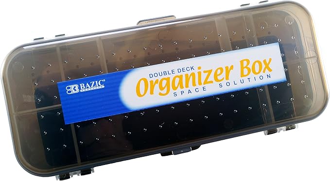 Double Deck Organizer Box, 8.25" x 3.25" x 1.5", 2 Latched Sides - 5 Compartments (2-Pack, Random Color: Black, Red, Blue, White)