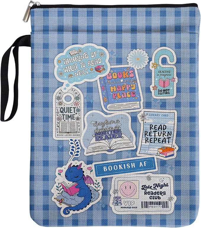 The Fourth Wing Blue Checkered Collage Style Book Covers for Book Lovers with Handle Pocket, Book Club Gifts for Chritsmas, Reading Accessories for Women Friends Reader Bookish