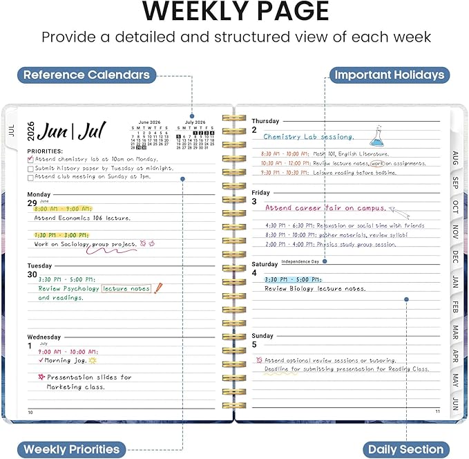 Planner 2026-2027, Academic Monthly and Weekly Calendar Planner for Women, July 2026 - June 2027, Hardcover Pretty Agenda Planner Book with Tabs, Spiral Daily Organizer for School Office Home Supplies, 8.5" x 11" - Distant Peaks