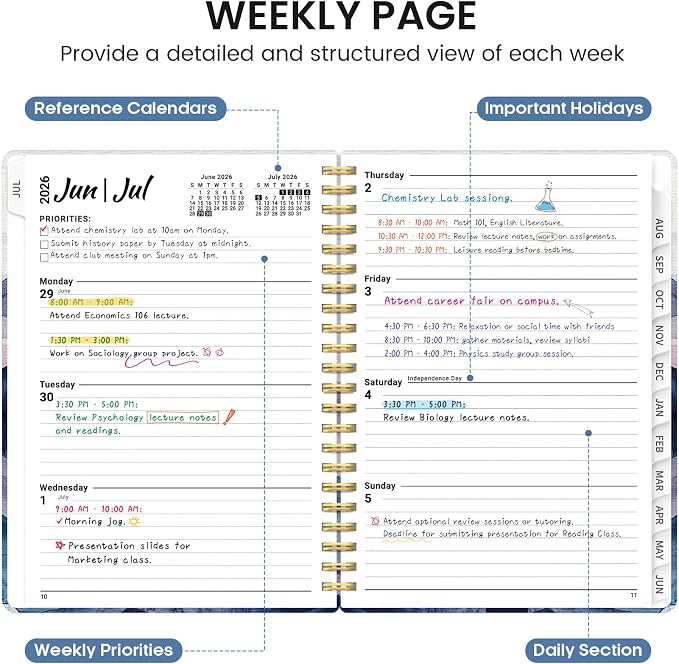 Planner 2026-2027, Academic Monthly and Weekly Calendar Planner for Women, July 2026 - June 2027, Hardcover Pretty Agenda Planner Book with Tabs, Spiral Daily Organizer for School Office Home Supplies, 6.3" x 8.5" - Distant Peaks