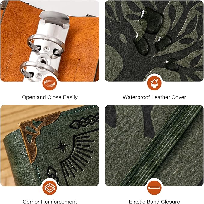 Ovesmusl PU Leather A6 Binder 6 Ring Mini Loose Leaf Binder 5.5”x7.5” No Inserts A6 Planner Binder Leather Cover Refillable Journal Cover, Green Tree