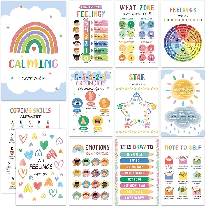 12PCS Calming Corner Classroom Posters (11x17"), Emotions Chart Feelings Wheel Calm Down Corner Supplies, Mental Health Therapy Office Wall Decor for Preschool Kids Teacher