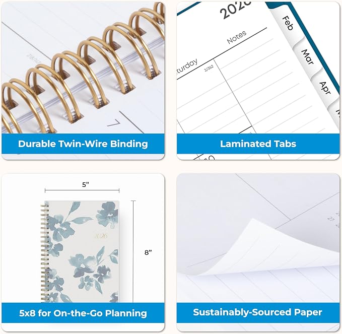 Blue Sky 2026 Weekly and Monthly Planner Calendar, January 2026 - December 2026, 5" x 8", Flexible Frosted Cover, Laminated Tabs, Durable Twin Wire Binding, Bakah Blue