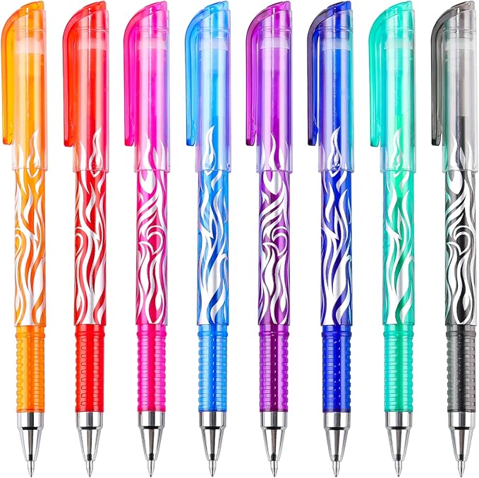 RIANCY 8 Pack Colored Erasable Gel Pens, 0.5mm Fine Point with Eraser, Flame Pattern Barrel, Erasable Pen Set for Journaling, Note Taking, Planner Writing, Drawing, School, Office, Home and DIY Crafts