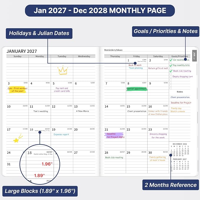 2027-2028 Monthly Planner, 2 Year Calendar Planner, Jan 2027 - Dec 2028, 8.3'' x 11'', 24 Months, Embossed Cover, with Printed Tabs ＆Pocket, Elastic Closure, Organizer for Office Home School, Blue