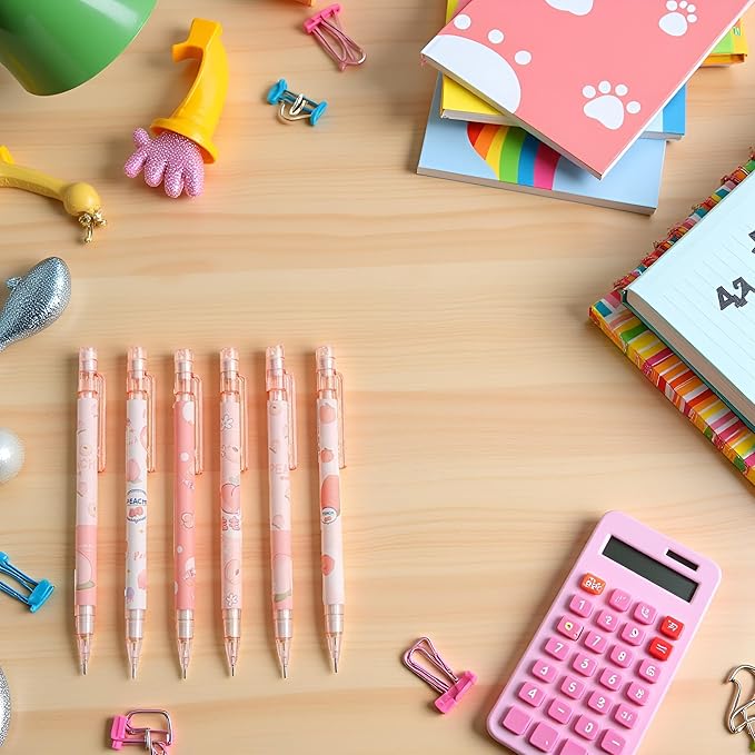 6 Pcs Cute Mechanical Pencils With Top Erasers Peach Automatic Pencils Stationery Gift For Students Teen Girls 6 Pcs Mechanical Pencils, Writing and Correction Supplies