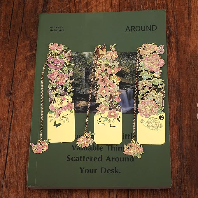 3 PCS Metal Bookmarks - Pretty & Beautiful Flower Bookmarks for Women - Peach Blossom, Cottonrose Hibiscus, Peony