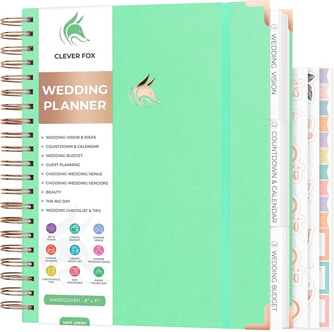 Clever Fox Wedding Planner – Notebook Organizer for Bride – Wedding Planning Binder Book with Pockets – Engagements Gift, 10x11″ (Mint Green)