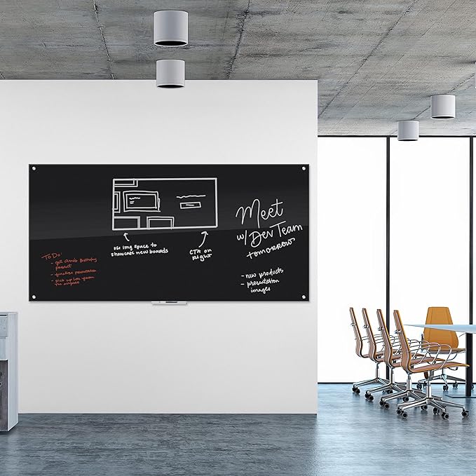 U Brands Glass Dry Erase Board, 48" x 96" Inches, Black Non-Magnetic Surface, Frameless