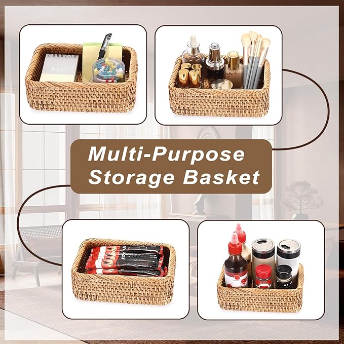 BTSKY Remote Control Basket 7.9" x 5.1", Decorative Small Basket Handwoven Rattan Storage for Jewelry, Cosmetics, Wicker Organizer Rattan Holder for Living Room Coffee Table Entryway Bedroom Vanity