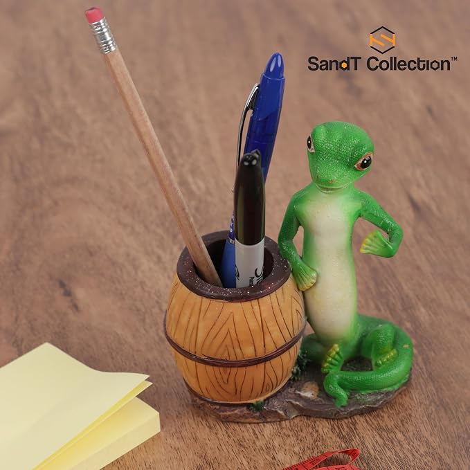 Green Gecko Pencil Holder with Tree Stump or Barrel Storage, Figurine Desktop Accessory (Barrel)