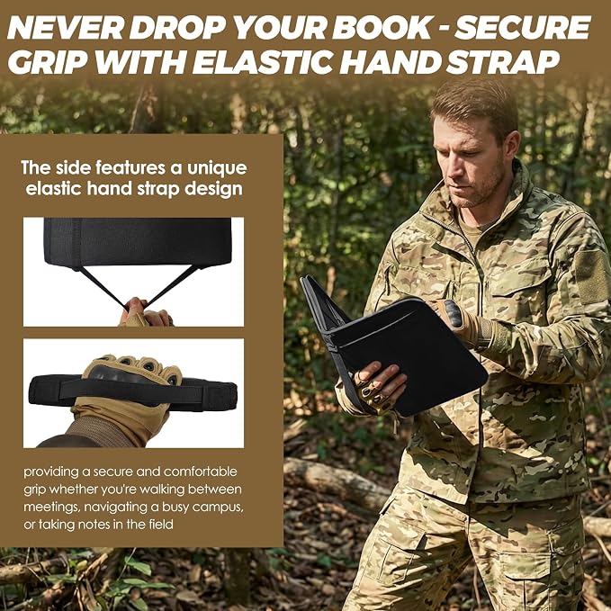 Tactical Notebook Cover, A6 Padfolio 6 Ring Binder with Big Back Pocket & Hand Strap, Zippered Hardcase Planner for Journal, College, Office, Field (Black, A6(5.5 x 8.5 inches))