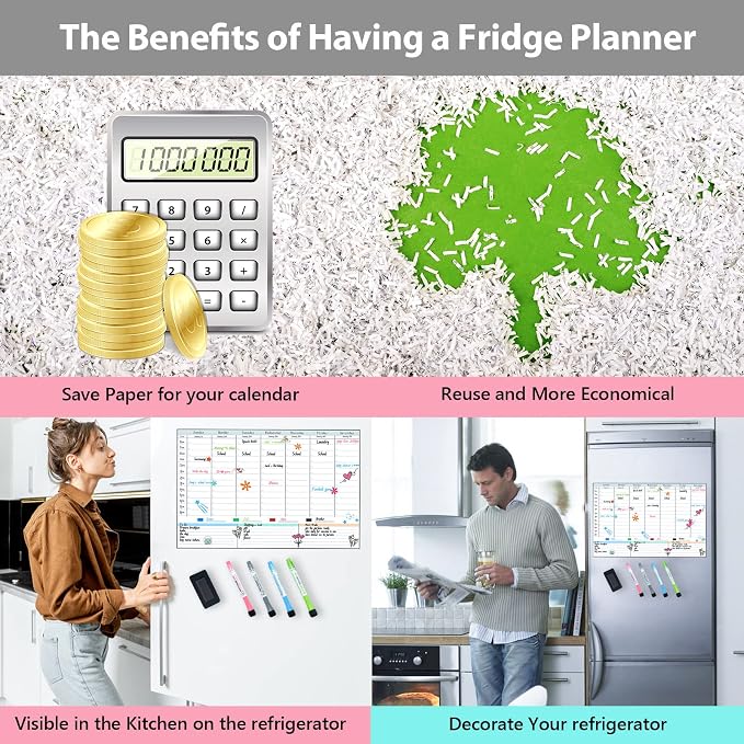 POPRUN Magnetic Fridge Calendar, 16.9"x11" Weekly Schedule Whiteboard, Dry Erase Board for Family Planning & Organization, Ideal for Home, School, Office