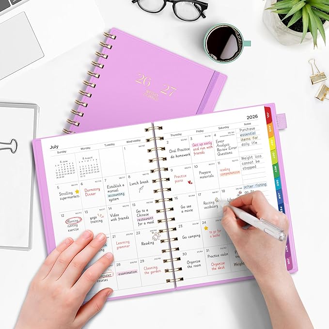 EMSHOI Academic Planner 2026-2027, Weekly and Monthly Calendar (July 2026 - June 2027), School Student Teacher Agenda Book, 100GSM Paper, PVC Cover, Colorful Tabs, A5 (6.38" x 8.35"), Purple