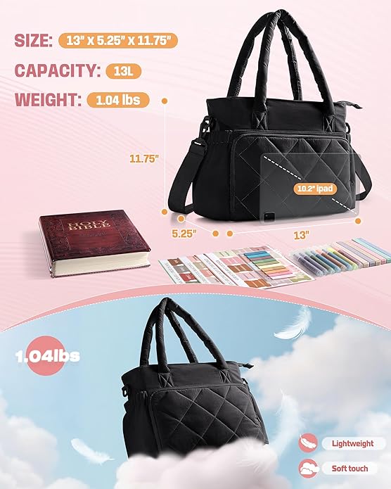 Marscamd Puffer Bible Bag with Crossbody Strap and Water Bottle Pockets, Quilted Bible Tote Church Bag for Women