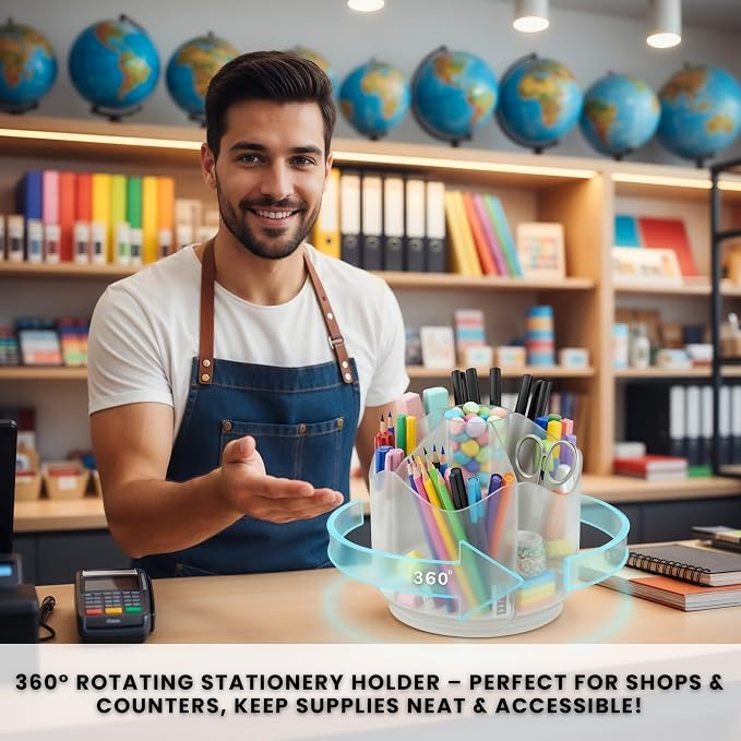 Spinning Desk Caddy Organizer Clear | 360 Rotating Desk Organizer Acrylic Pen Holder & Marker Organizers | 6 Slots Rotating Organizer & Spinning Organizer for Shops, Classroom, Vanity, Desk