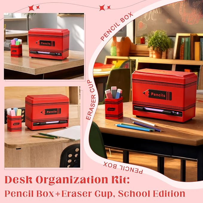 Gueevin 2pcs Pencil Dispenser for Classroom, Fun Desk Organizer with Eraser Holder, Interactive Pencil Storage for Teachers, Students & Homeschool Desk Organizer, Back to School Supplies(Red)