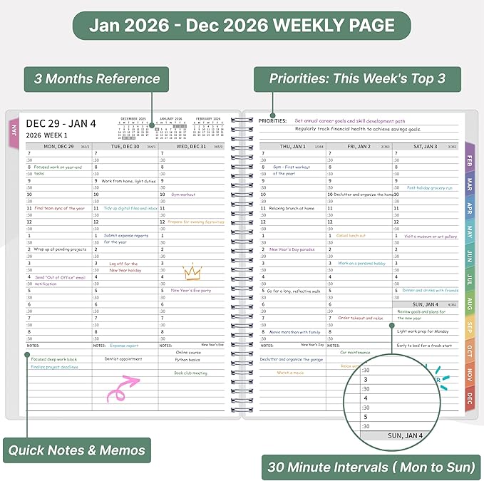 2026 Appointment Book, 30 Minutes-Hourly, Weekly ＆ Monthly Calendar Planner 2026, Jan 2026 - Dec 2026, 8.5'' x 11'', 2026 Daily Planner with Tabs ＆Pocket, Flexible Cover, Great for Office, Home, School