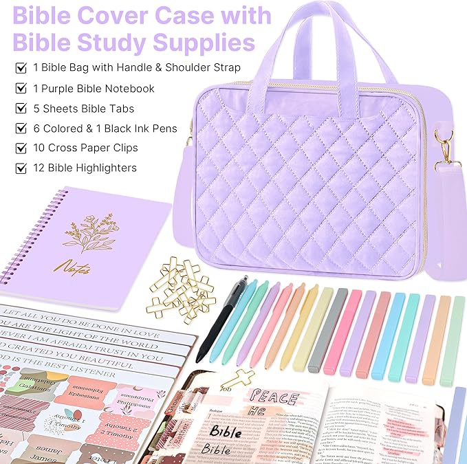 PUGPIU Bible Cover Case for Women, Large Quilted Bible Bag with Shoulder Strap and Handle, Bible Study Supplies Journaling Kit with Highlighters Pens No Bleed Tabs Notebook Cross Clips (Light Purple)