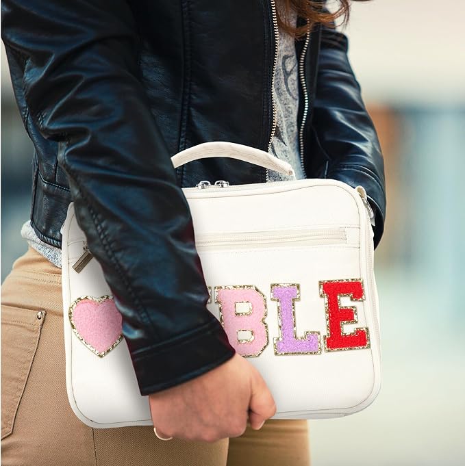 Silkfly White Bible Cover Case Preppy Large Chenille Letter Church Bag with Shoulder Strap Handle Back to School Gifts Waterproof Christian Tote Bag for Women Teacher Bible Accessories