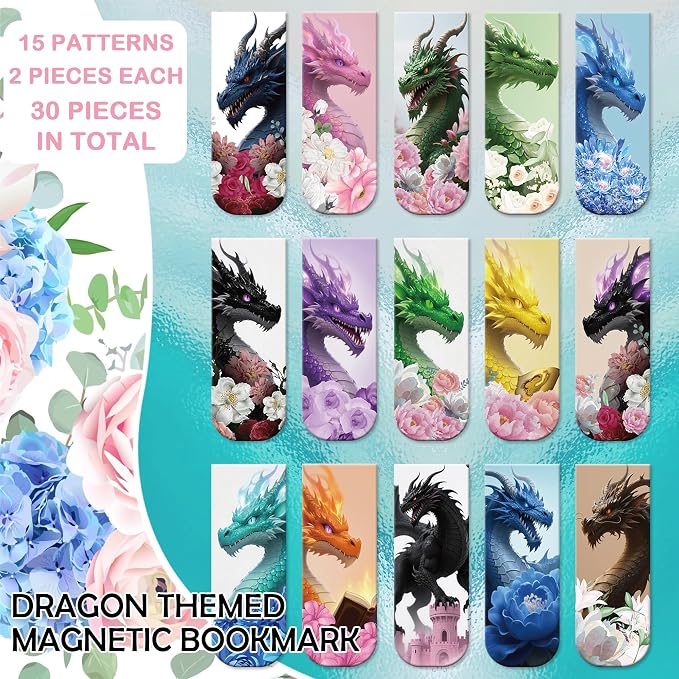 Cool Dragon Flower Magnetic Bookmark, 15Pcs Fantastic Floral Dragon Book Marks, Unique Animal Page Magnet Book Markers for Men Boy School Student Teacher Reading Lovers Gift