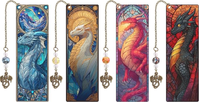Fantasy Dragon Bookmark Gifts - 4 Pcs Cool Stained Glass Bookmarks for Men Novles Book Lovers Tassels Beaded Page Marks Books Merch Reading Accessories Bookish Gift for Birthday Back to School