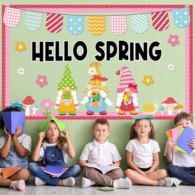 Hello Spring Bulletin Board Set Spring Gnome Classroom Decoration Springtime Gnome Flowers Paper Cutouts for Back to School Home Nursery Chalkboard Wall Decor Springs Theme Party Supplies