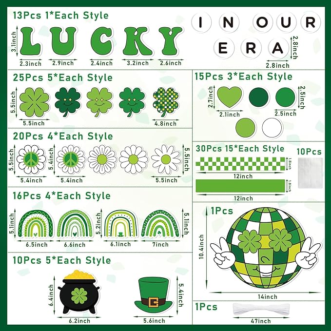141Pcs St. Patrick’s Day Bulletin Board Classroom Decoration Retro Hippie Rainbow Flower Cutouts Shamrock Clover Name Tags Green Border Trim School Chalkboard Supplies Wall Door Decor