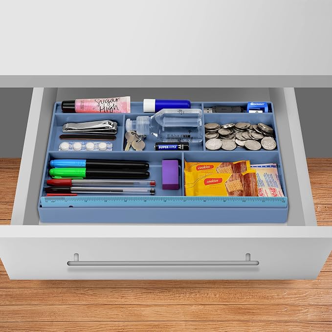 Acrimet Desk Drawer Organizer Tray with 8 Compartments – Multi-Purpose Bin for Office Supplies, Makeup, and Accessories – Fits inside Drawers or Desktops, 12.75" x 8" x 1.06" (Plastic) (Blue Color)