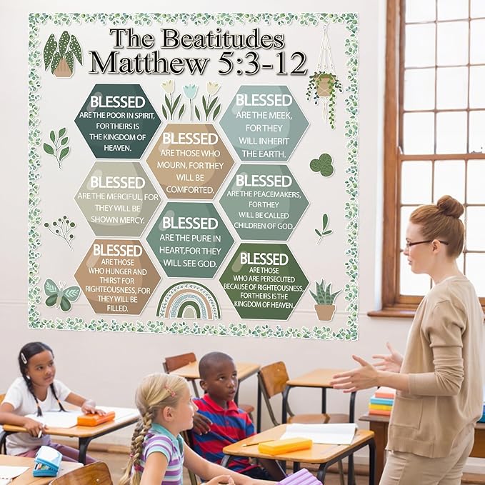 QOUBAI Christian Bulletin Board Decoration The Beatitudes Matthew 5:3-12 Classroom Decoration Motivational Bible Verse Paper Cutouts for Back to School Sunday School Church Parish Decor（Greenery）