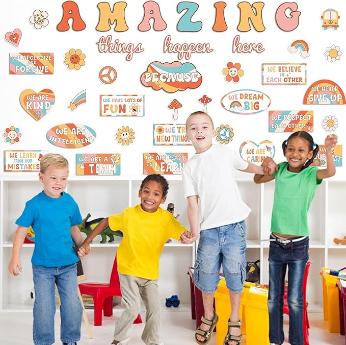 Groovy Welcome Back to School Bulletin Board Classroom Decoration Boho Retro Amazing Things Happen Here Bulletin Board Affirmation Station Positive Encouraging Paper Cutout for School Class Wall Decor